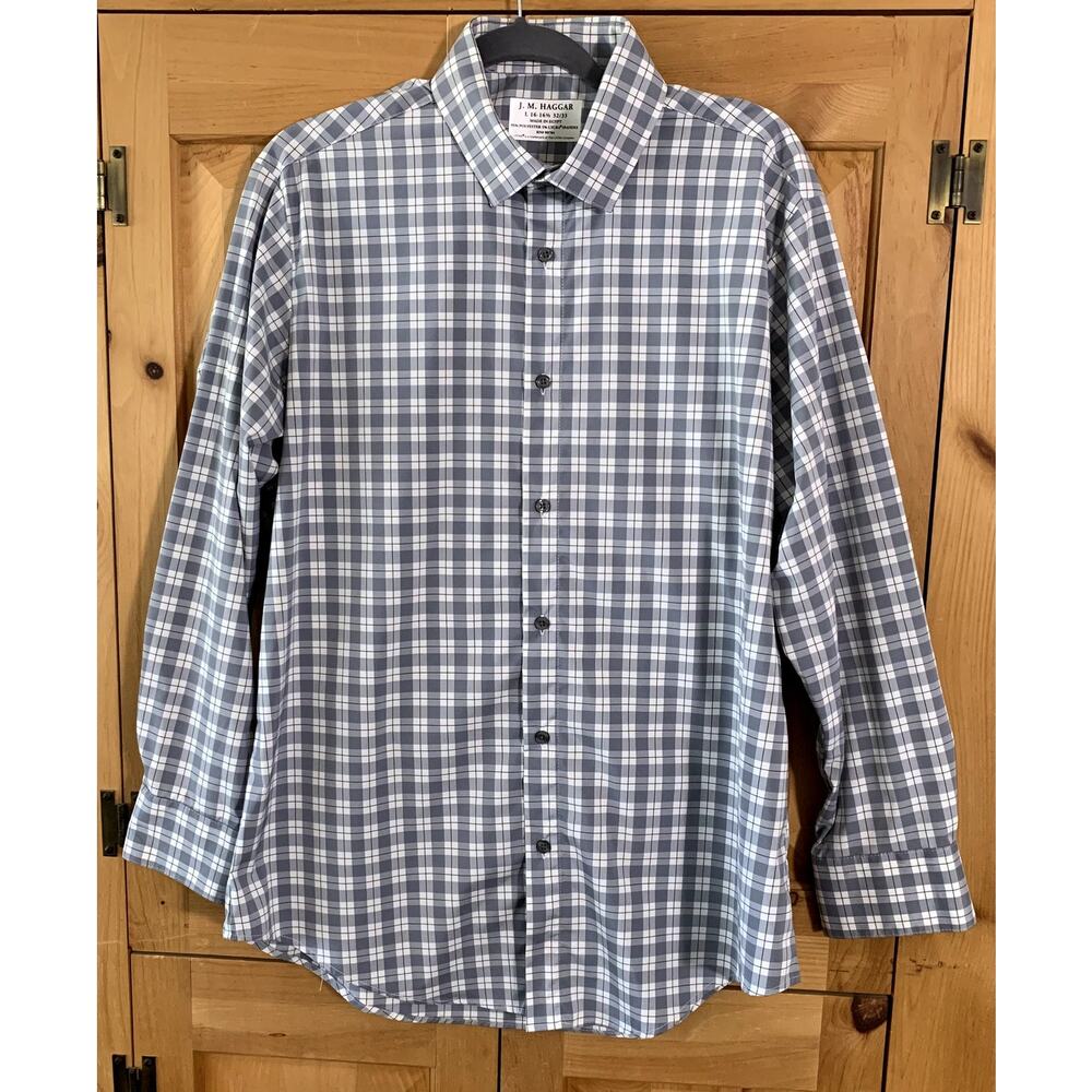 J.M Haggar Shirt Button Down Long Sleeve Stretch Plaid  16/16.5 32/33 Men's L